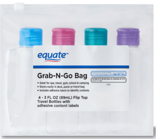 Equate Grab-N-Go Bag of Plastic Travel Bottles for Toiletries, Color May Vary, 3 fl oz (4 Count)